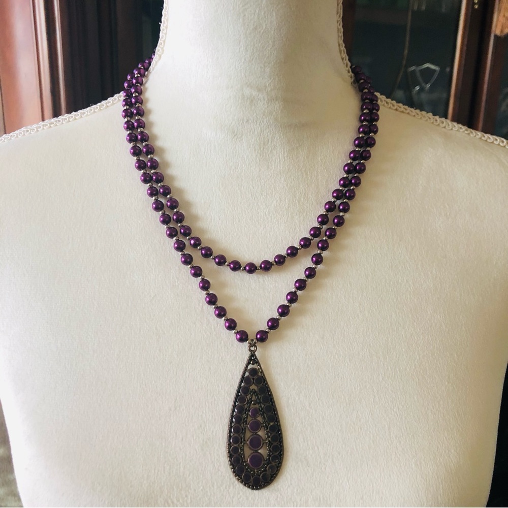 Handcrafted double strand purple Czech Pearl enamel pendant necklace